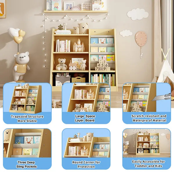 Wooden Toy Storage Organizer Cabinet Natural/ Wood Kids Bookshelf Children Bookcase Toddler Baby Sling Book Rack Adjustable Shelf for Playroom Bedroom Nursery Hallway School Kindergarten Living room