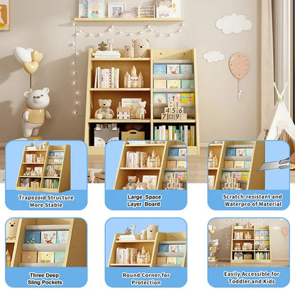 Wooden Toy Storage Organizer Cabinet Natural/ Wood Kids Bookshelf Children Bookcase Toddler Baby Sling Book Rack Adjustable Shelf for Playroom Bedroom Nursery Hallway School Kindergarten Living room