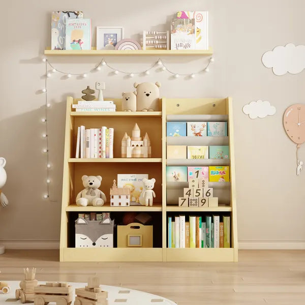 Wooden Toy Storage Organizer Cabinet Natural/ Wood Kids Bookshelf Children Bookcase Toddler Baby Sling Book Rack Adjustable Shelf for Playroom Bedroom Nursery Hallway School Kindergarten Living room