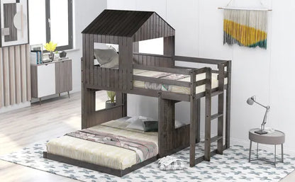 Wooden Twin Over Full Bunk Bed, Loft Bed with Playhouse, Farmhouse, Ladder and Guardrails