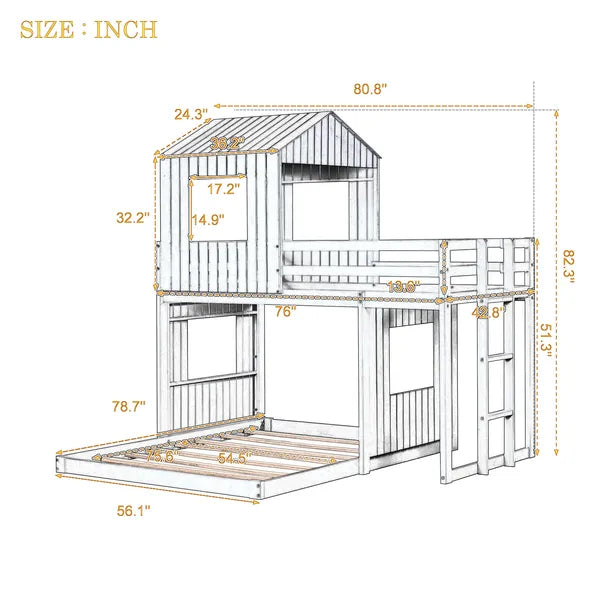 Wooden Twin Over Full Bunk Bed, Loft Bed with Playhouse, Farmhouse, Ladder and Guardrails