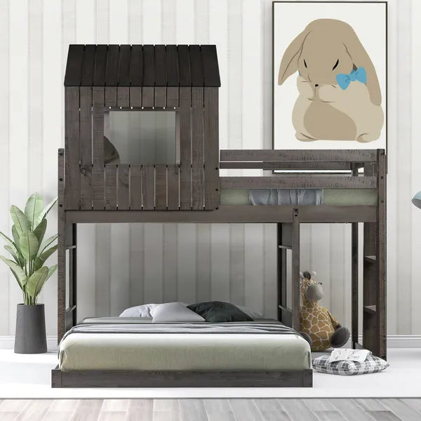 Wooden Twin Over Full Bunk Bed, Loft Bed with Playhouse, Farmhouse, Ladder and Guardrails